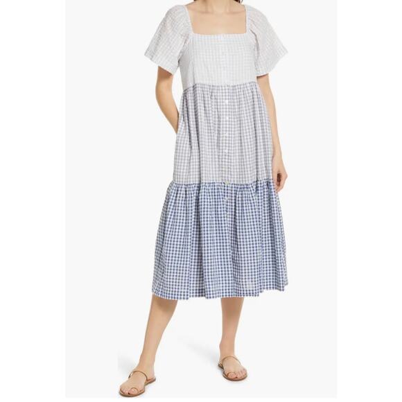 Madewell Dresses & Skirts - Madewell Patchwork Gingham Button Front Tiered Midi Dress size XL